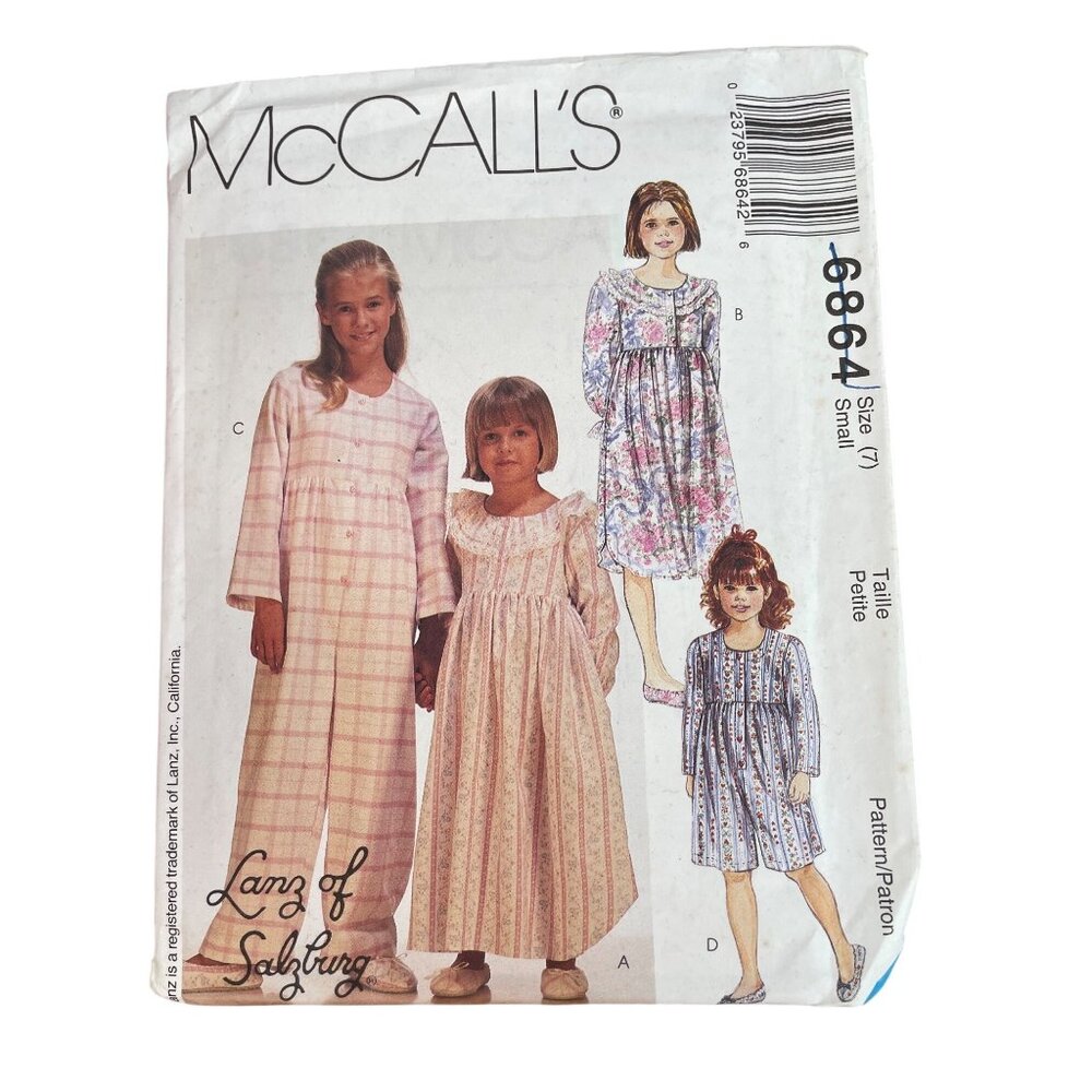 90s McCalls 6864 Girls Nightgown Jumpsuit & Slippers Pattern Size 7 Retro UNCUT